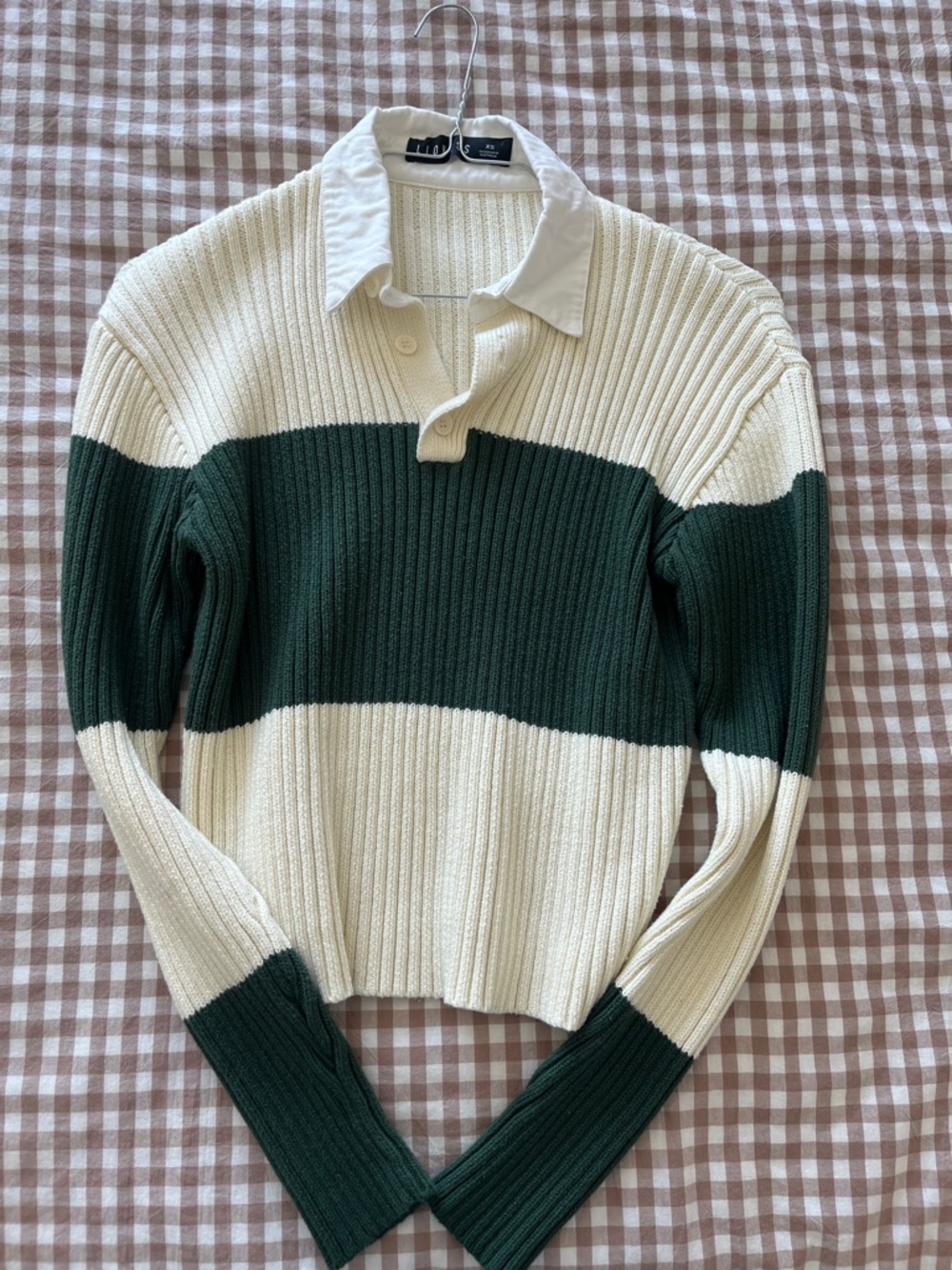 Lioness Cream and Forest Green Ribbed Polo Sweater